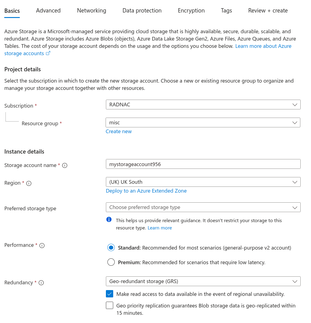 Configuring the '`Basics’ tab for a new Azure Storage Account