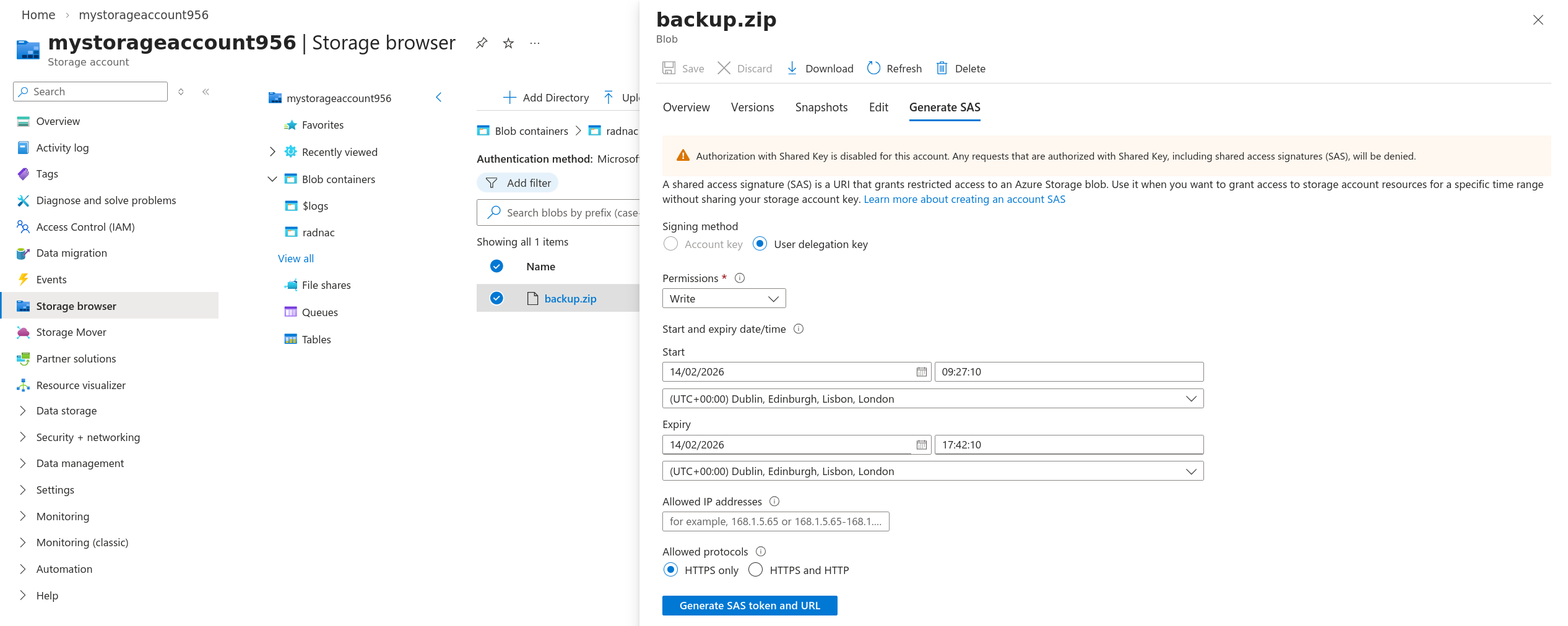 Generating a SAS URL with write permissions only