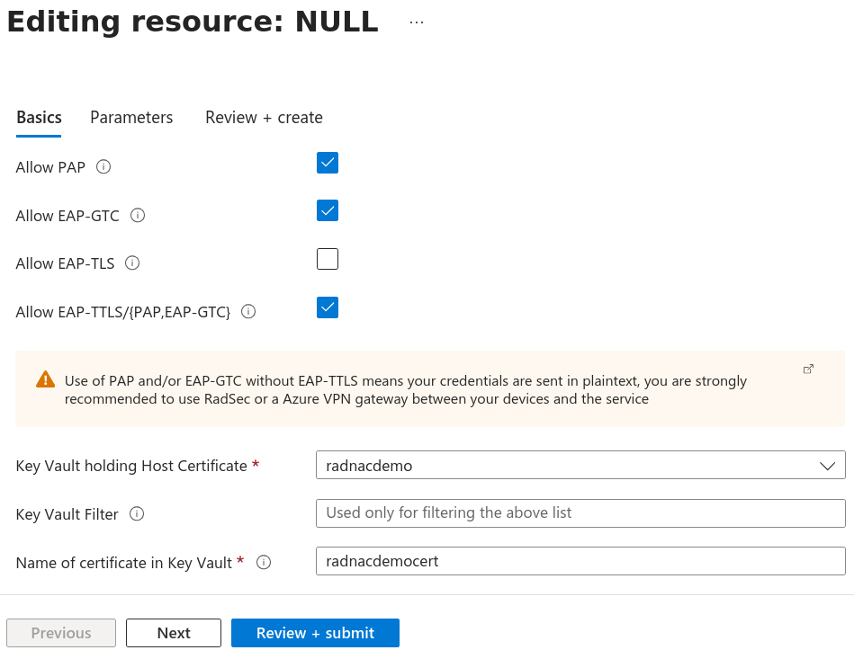 Configuring RADNAC to use the demo server certificate into the Key Vault resource